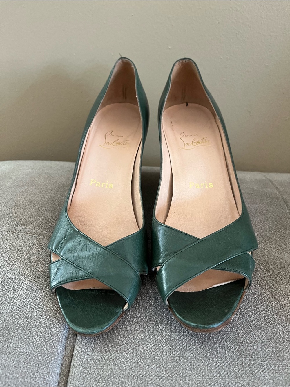 Christian Louboutin Dark Green Leather Peep-Toe Pumps